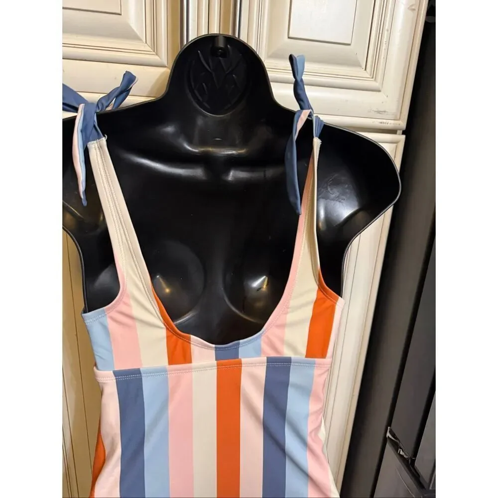Isabel Maternity Womens Striped Tie Shoulder One Piece Swimsuit Multicolor Small